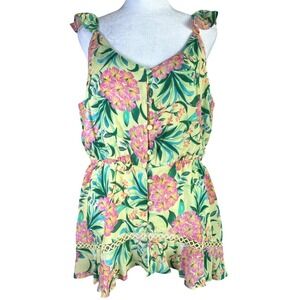 Farm Rio Anthropologie Ruffled Top Blouse Size Large‎ Yellow Floral Cover Up